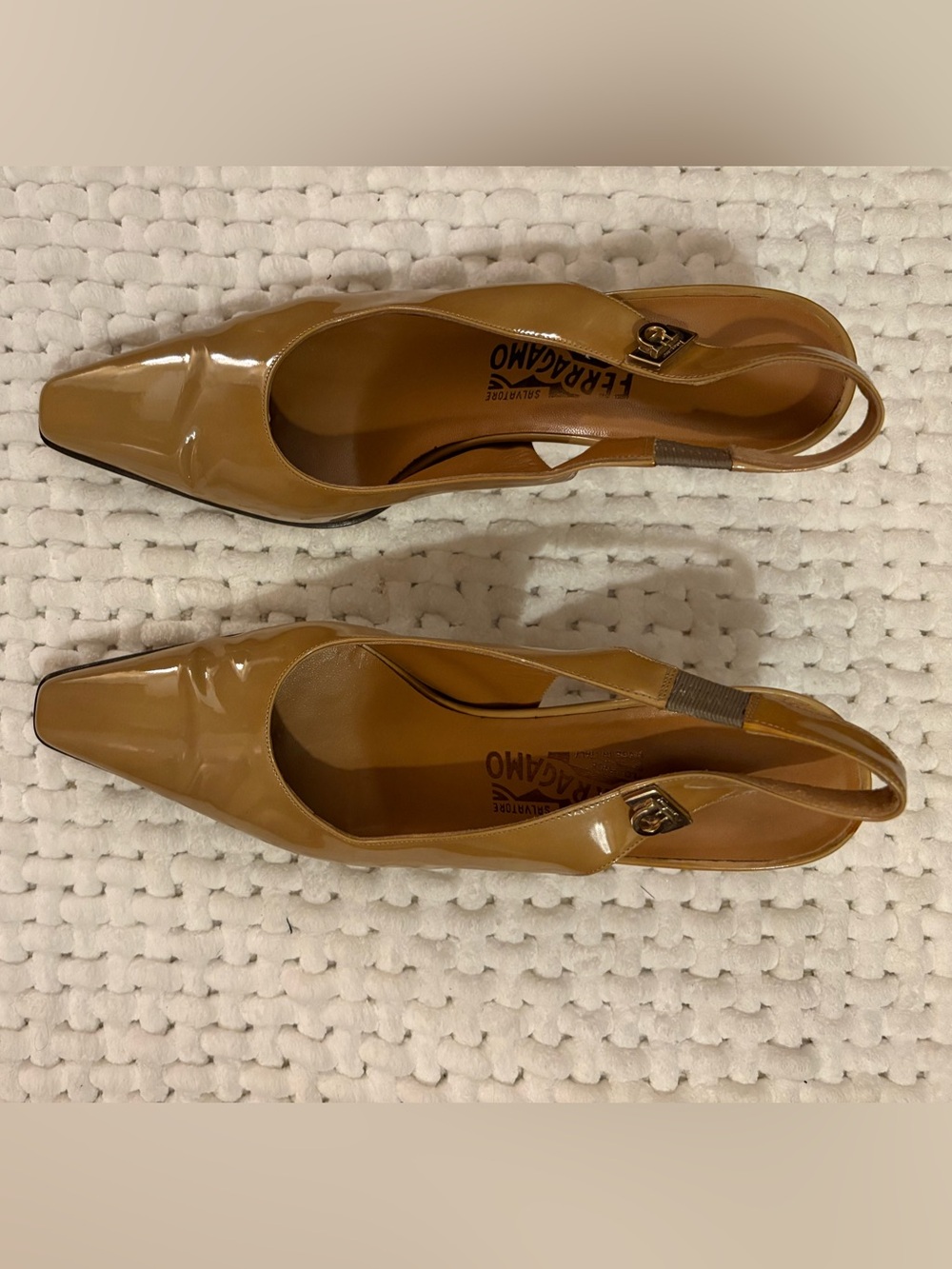 Salvatore Ferragamo Camel Patent Leather Pointed Slingback Pumps